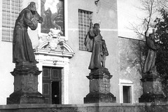 Zákupy. Кostel sv. Františka Serafinského, sochy světců před kostelem zleva Felix z Cantalice, Fidel ze Sigmaringen, Fr