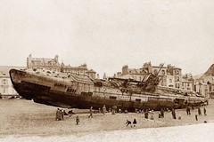 German submarine U-118 washed ashore on the beach at Hastings