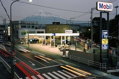 Fuji City. Mobil filling station from the footbridge