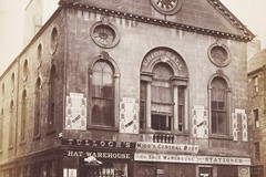Dundee. General view of Union Hall showing clock, playbills and shop signs