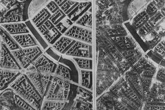 Luftbild von Berlin vor (links) und nach (rechts) Alliierten Bombenanschlag circa 1945