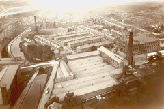 Aerial photograph of canal and mills