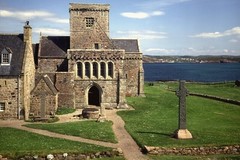Iona Abbey. View of west door with St John's and St Martin's Crosses
