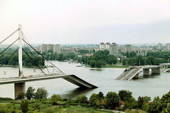 Destroyed bridge as a result of NATO air strikes in the city of Novi Sad, Yugoslavia