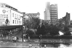A view of Castle Gardens, Princess Way, and the old David Evans store