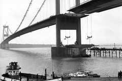 The Severn bridge towers over the ferry