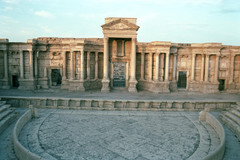 Interios of the Roman theater. General View of the Skene with the scaenae fronts