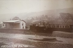 Newly opened Aberayron station with locomotive and a carriage