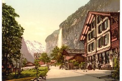 Lauterbrunnen Valley. Street view with Staubbach Waterfall