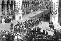 Royal Australian Navy men marching through the Victory Arch in Martin Place