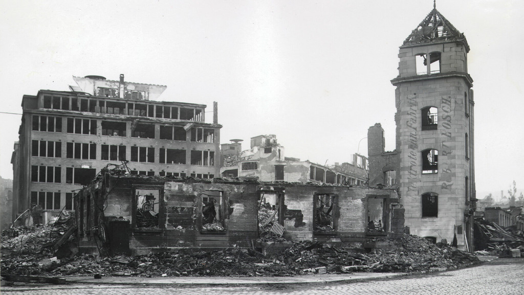 The badly damaged tower of Bosch’s first factory in Stuttgart