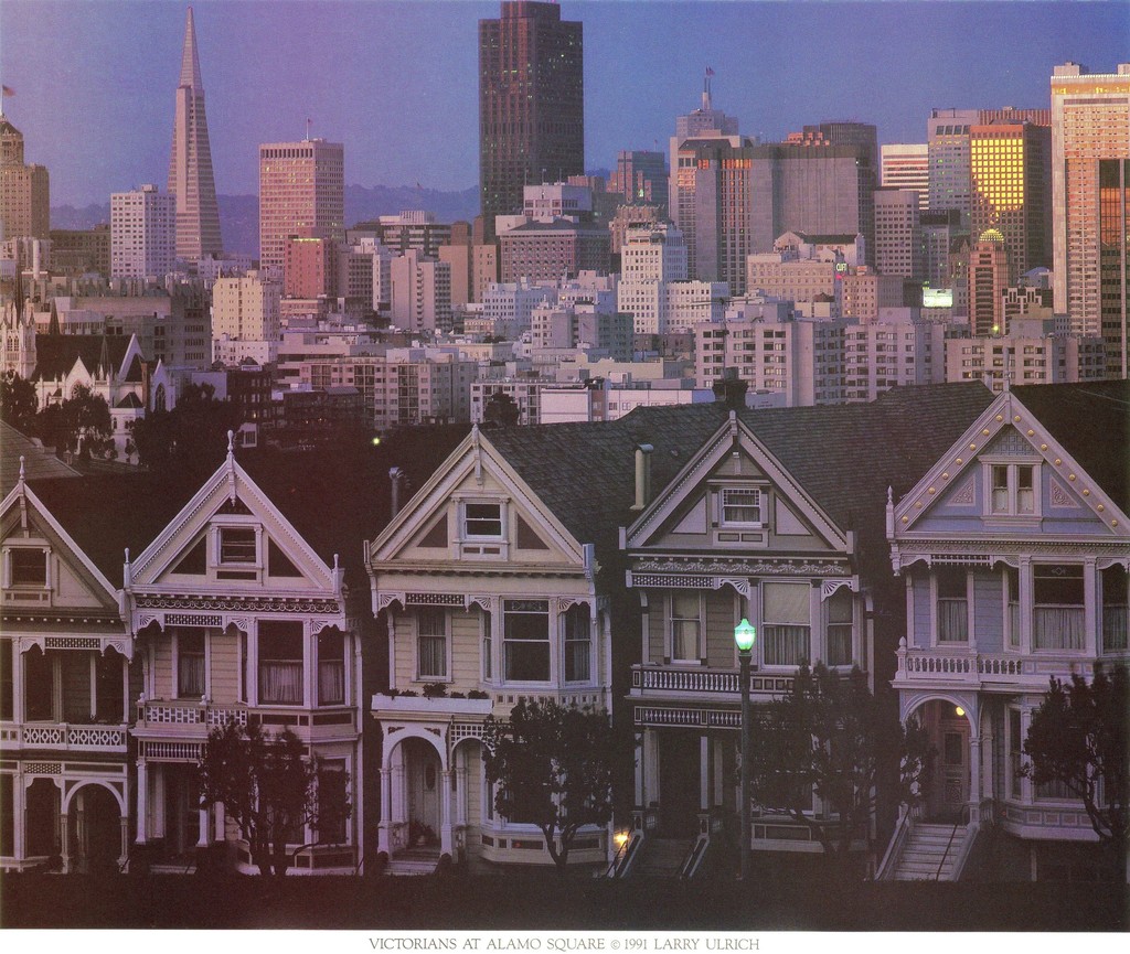 Alamo Square. Victorian Houses at sunset