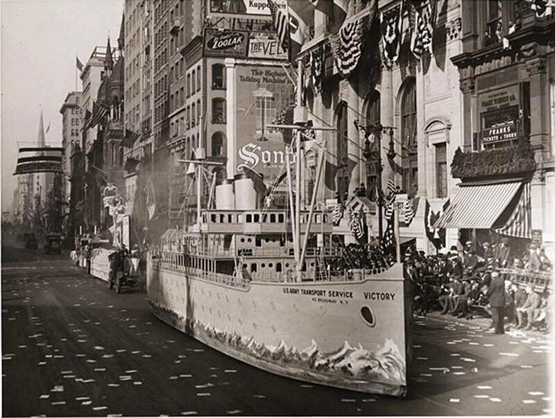 Victory Loan Parade, battleship Victory sailing down 5th Avenue