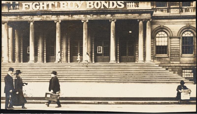 Showing Displays of Liberty Loan Posters during World War I at the entrance of City Hall