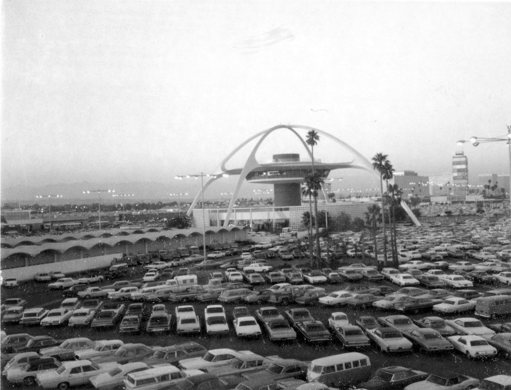 The Theme Building and parking lot at Los Angeles International Airport