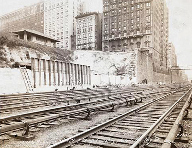 Railroad tracks on 73rd Street, with apartment houses in background