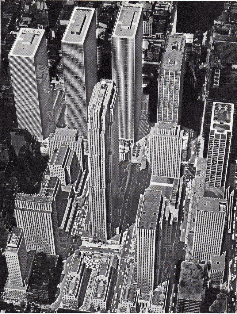 Aerial view of the Rockefeller Center looking west