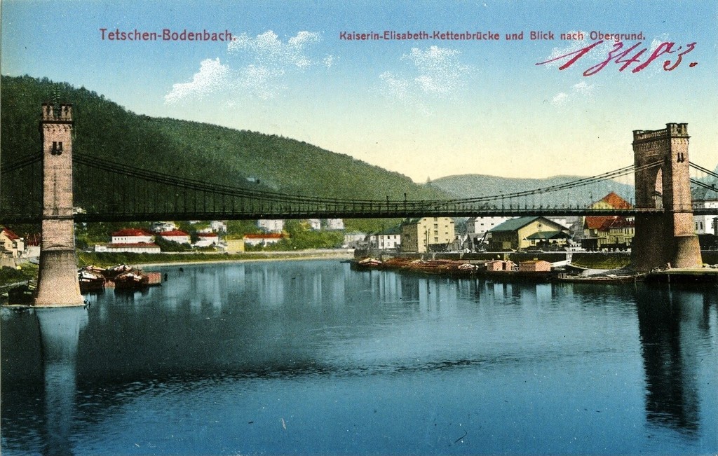 Děčín-Bodenbach. Řetězový most a při pohledu Obergrund