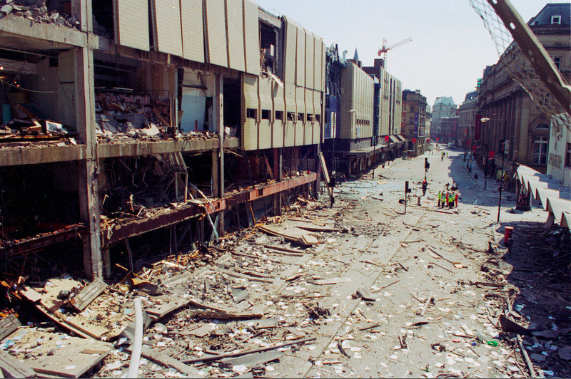 The aftermath of the explosion of an IRA car bomb in the city center