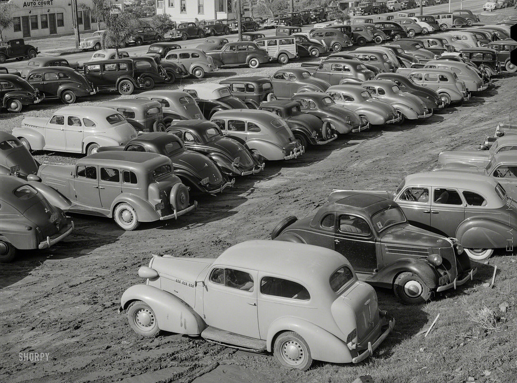 Workers' automobiles parked near the airplane factories