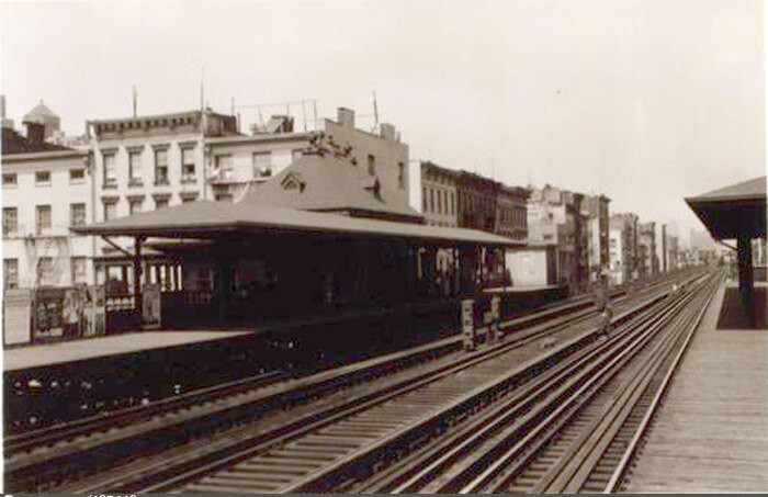 First Avenue, west side, at E. 8th Street, showing the uptown platform of the 2nd Avenue El line
