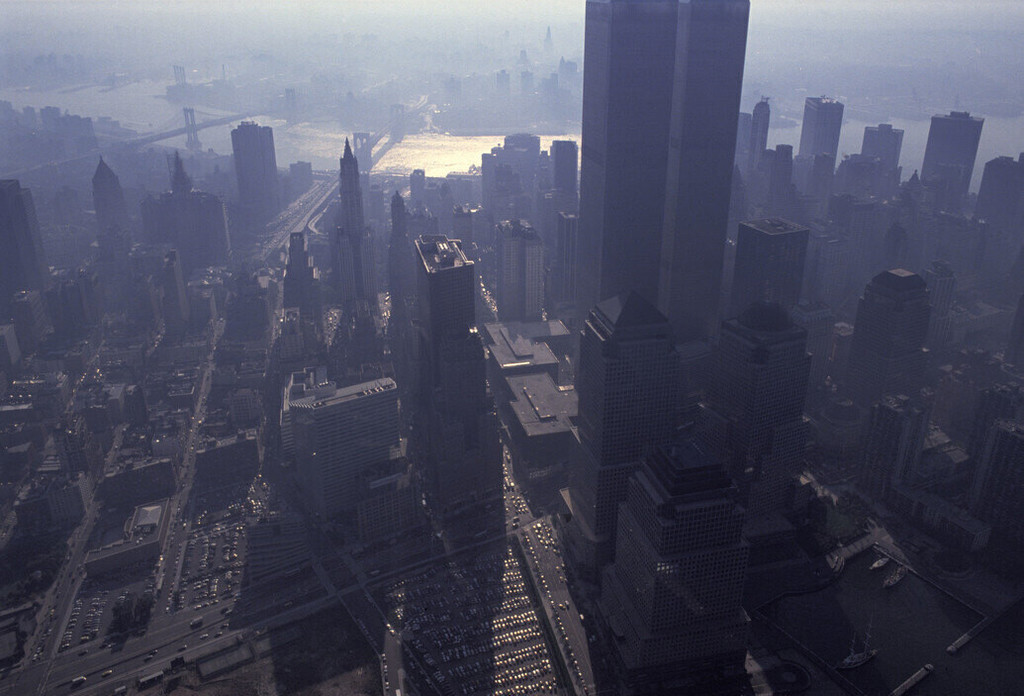 Aerial view of the World Trade Center and Manhattan's Financial District