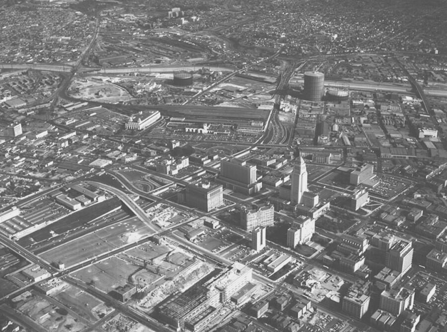 Aerial view of Civic Center, looking east