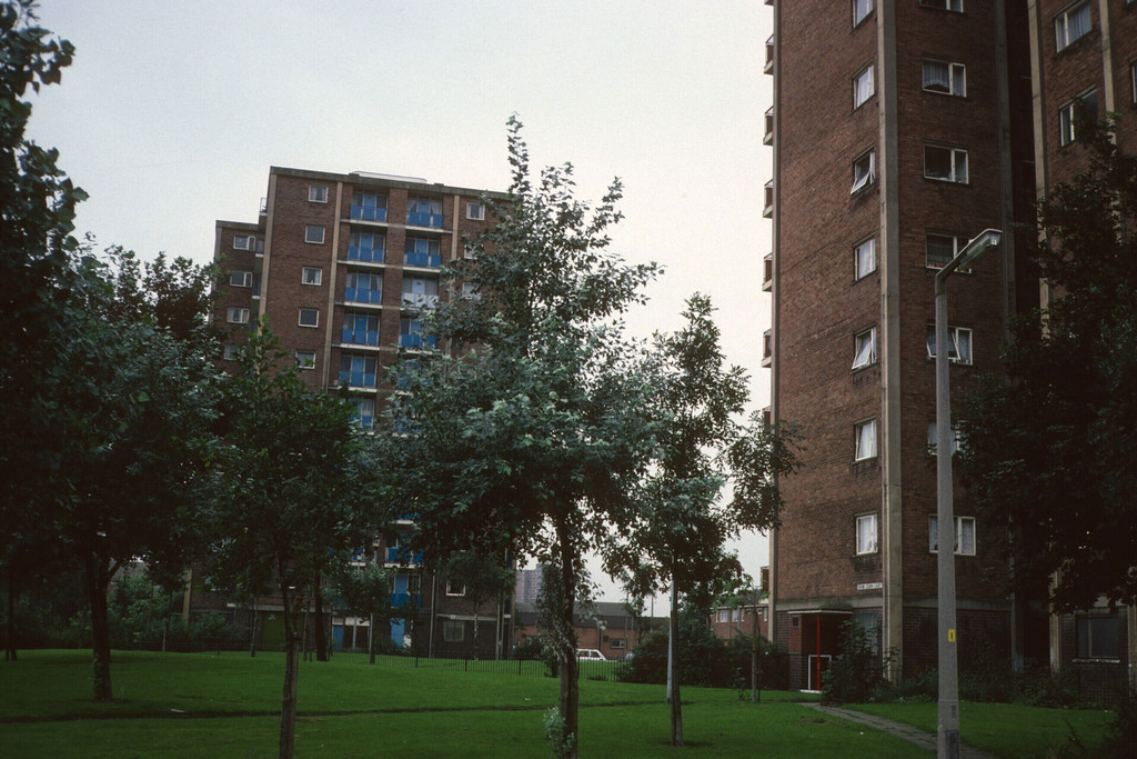 Salford. View of 11-storey blocks on Sussex Street