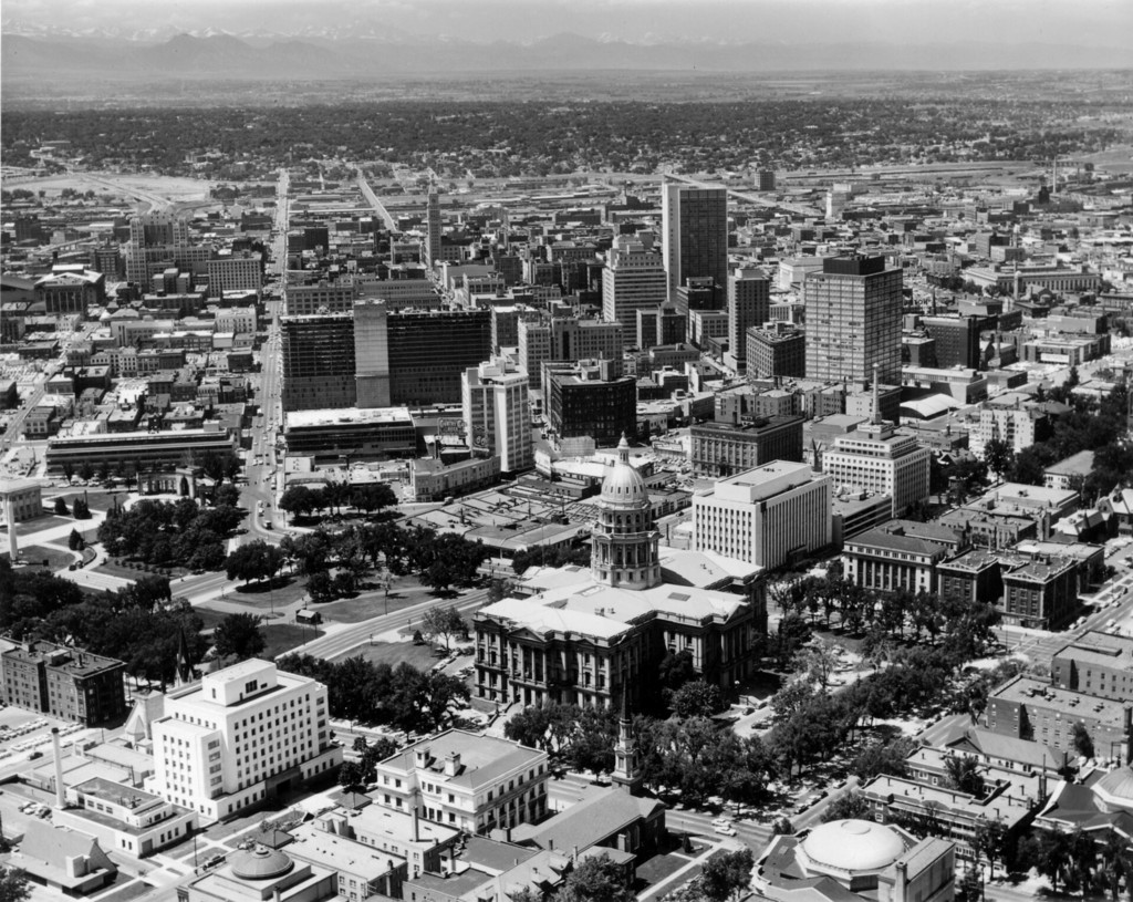 Aerial view of the central business district and Civic Center neighborhood of Denver