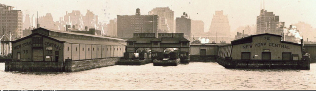 New York Central Freight Station Pier 73 (left), float bridges (center), Pier 72 (right) - ca. 1929