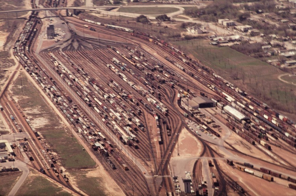 Aerial view of a rail yard