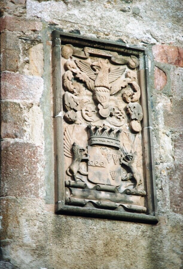 Detail of armorial panel over entrance, Fetternear House, Kemnay