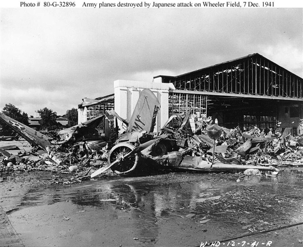 Pearl Harbor. Army planes destroyed by Japanese attack on Wheeler Field