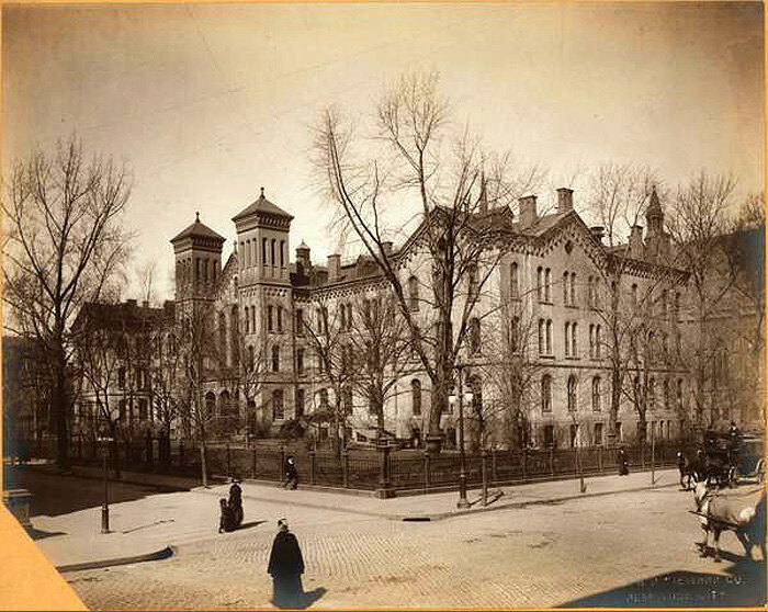 Fifth Avenue, at the N.W. corner of West 54th Street, showing St. Luke's Hospital, erected in 1858.