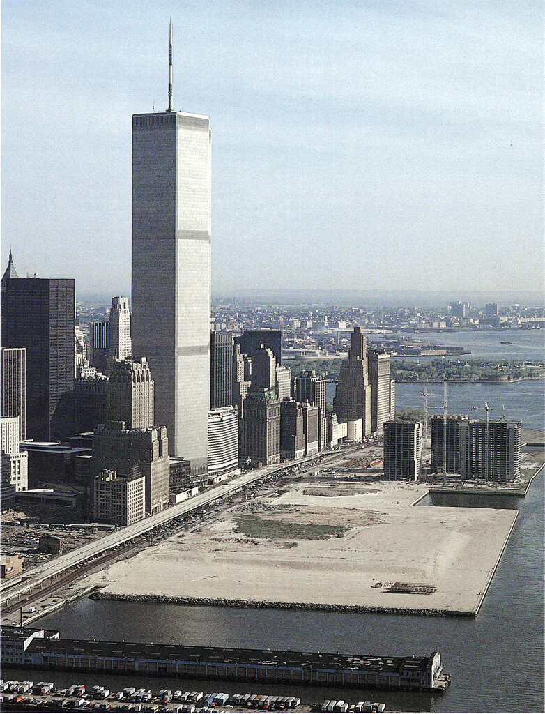 Aerial view of Lower Manhattan looking south from Hudson River
