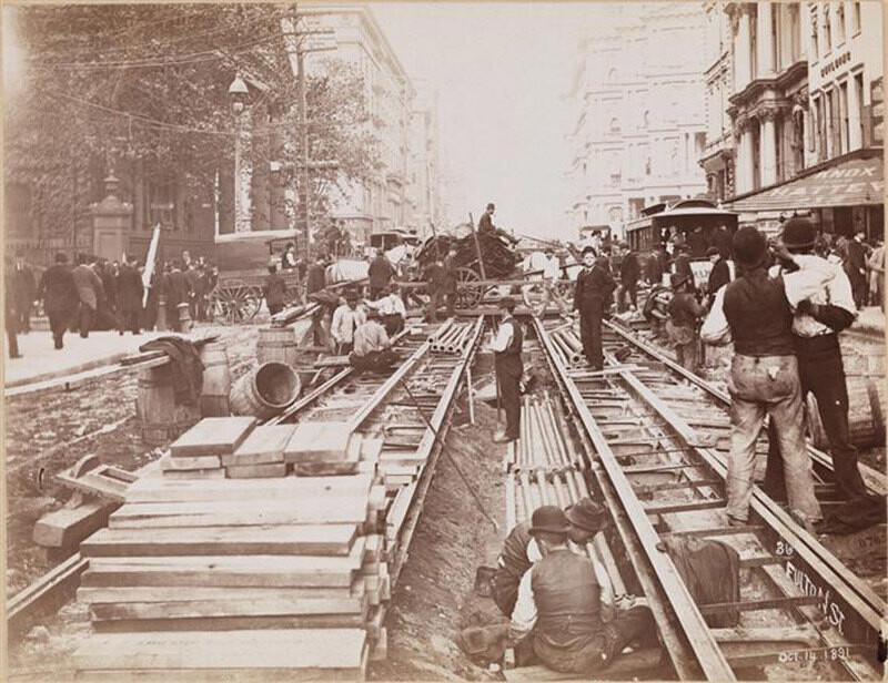 Broadway and Fulton Street, construction of trolley tracks