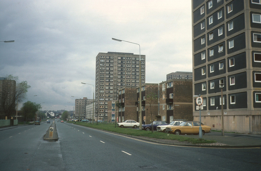 Salford. View from Lilac Court down Churchill Way with Cherry Tree Court and Holm Court in distance