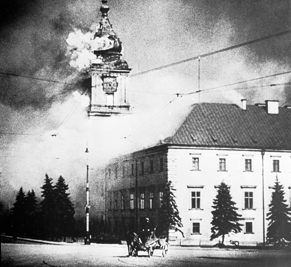 The Royal Castle burning after being hit by German shellfire
