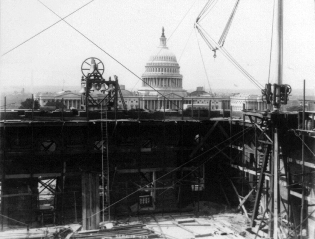 Library of Congress construction, with U.S. Capitol Dome in background (official construction photo)