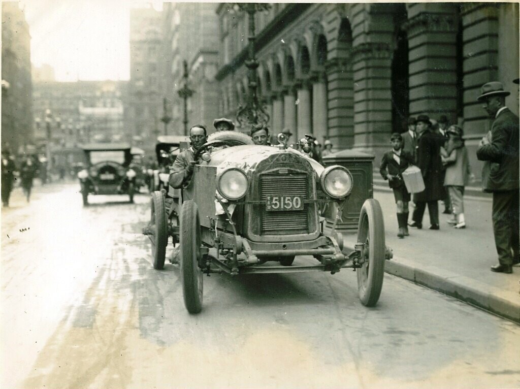 Martin Place. Dave Carrigan at wheel of a Willys Knight car