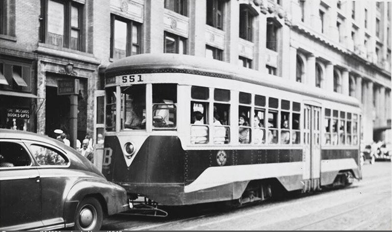 Trolley on 42nd Street near Sixth Avenue.