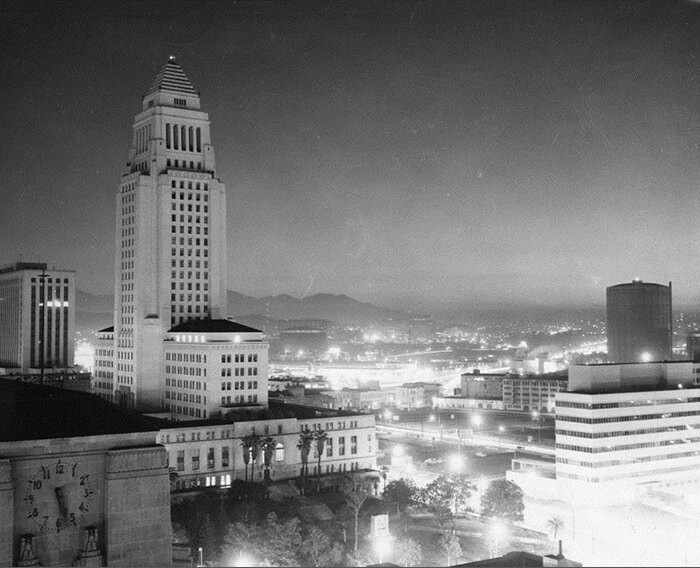 An atomic bomb lights the City Hall