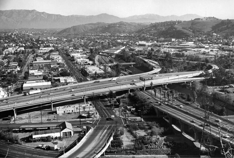Aerial view of Pasadena and Golden State freeways