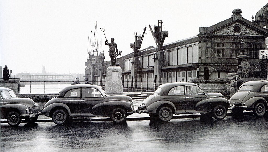 Morris cars bound for export at Bristol city docks