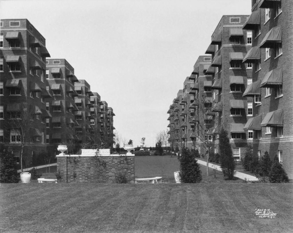 Hawthorne Court. Apartment buildings and garden