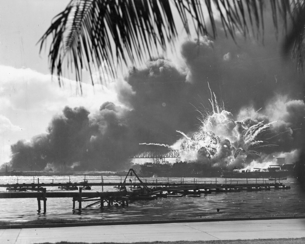 USS SHAW forward magazine explodes during the Japanese raid on Pearl Harbor