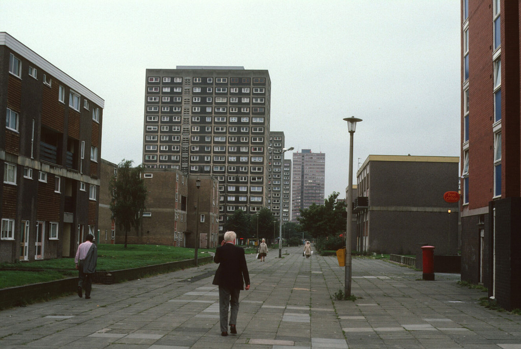Salford. View of Mulberry Court, Sycamore Court, and Magnolia Court with Thorn Court in background