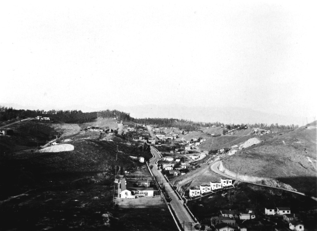 Echo Park. Looking from hilltop of White Knoll Dr. toward Mexican settlement and Elysian Park Paducah St. in foreg