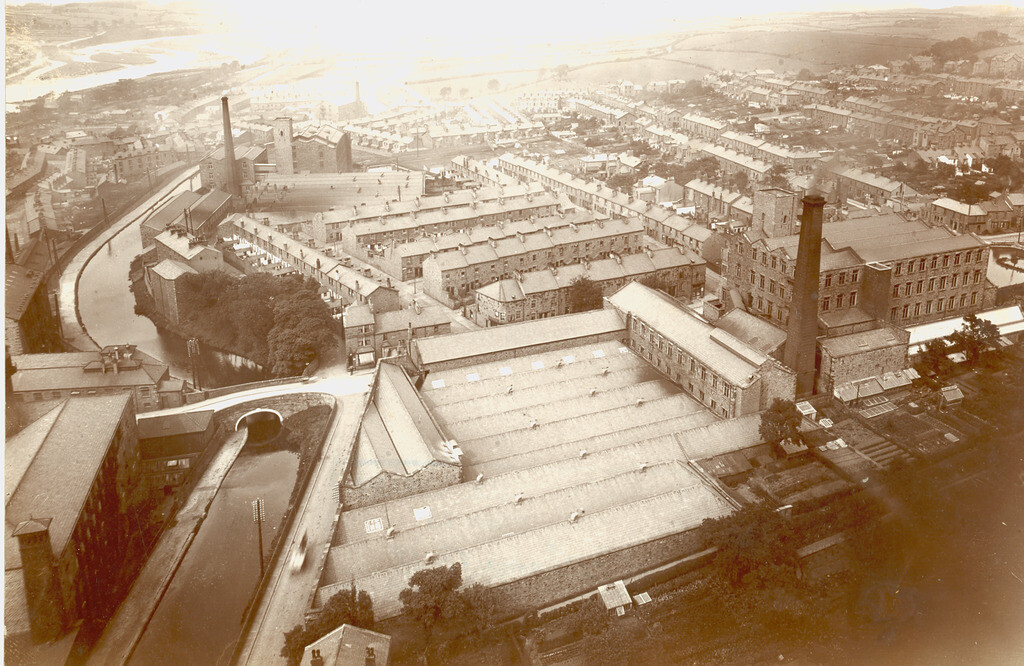 Aerial photograph of canal and mills
