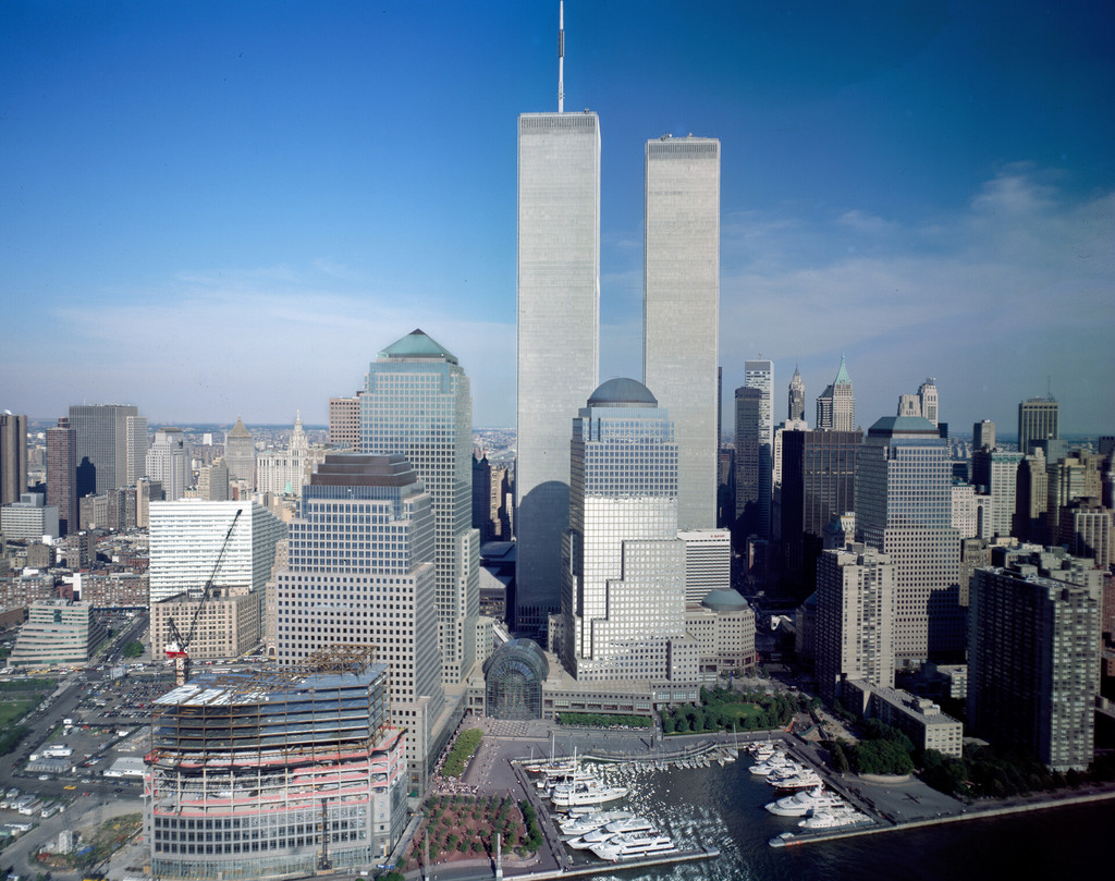 Aerial view of New York City, with Twin Towers of the World Trade Center visible